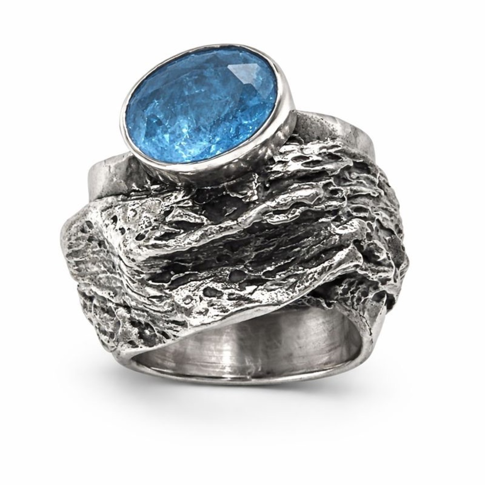 S925 Aquamarine Wooden Silver Ring